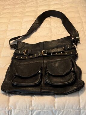 Chocolat Blu Black Leather Shoulder Bag with Studded Buckle Detail